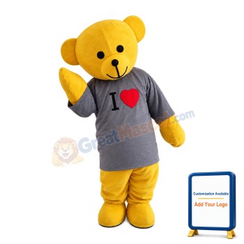 Yellow Bear In Grey Shirt Mascot Costume