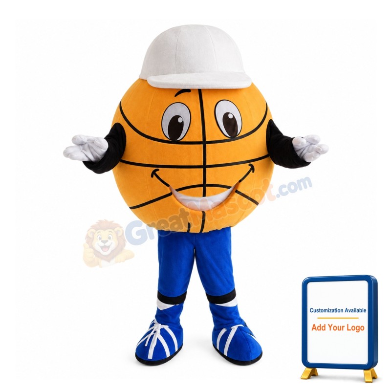 Cartoon Basketball Wearing White Cap Mascot Costume