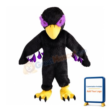 Black Eagle Mascot Costume With Purple Hair Around Eyes