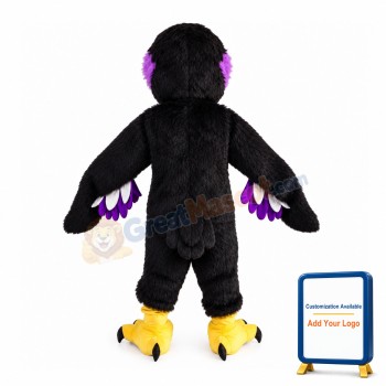 Black Eagle Mascot Costume With Purple Hair Around Eyes