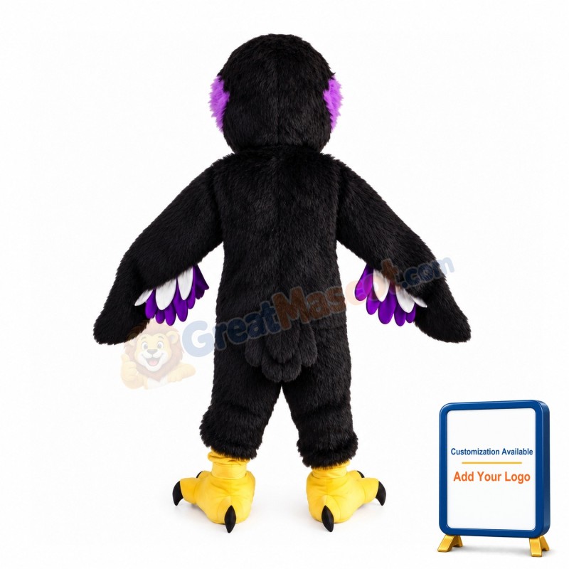 Black Eagle Mascot Costume With Purple Hair Around Eyes