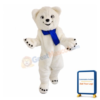 White Bear Wearing Blue Scarf Mascot Costume