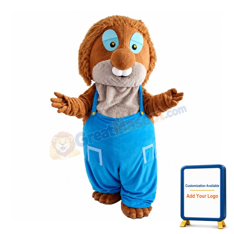 Fat Chipmunk With Blue Overalls Mascot Costume