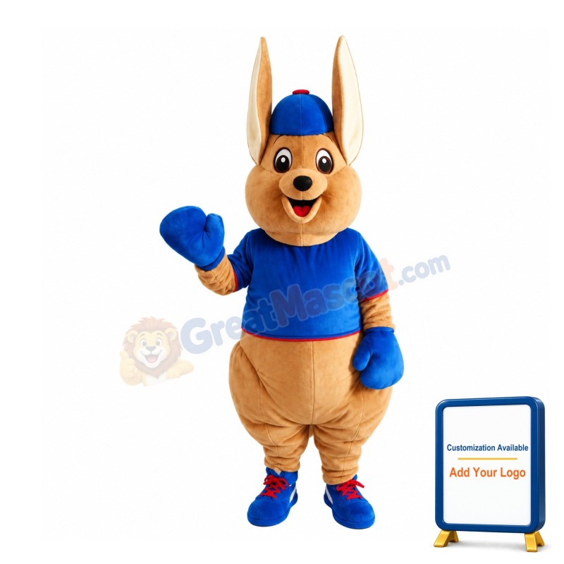Big Ears Kangaroo With Blue Clothes Mascot Costume