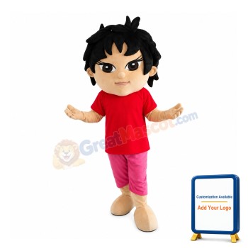 Black Hair Boy With Red Top Mascot Costume