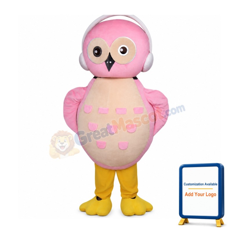 Pink Owl With Headphones Mascot Costume