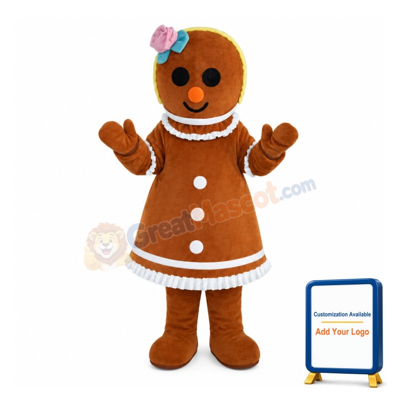 Gingerbread Woman With Pink Flower On Head Mascot Costume