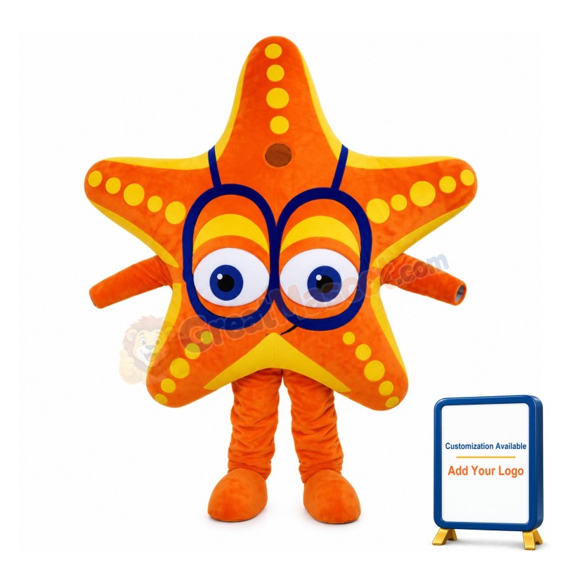 Orange Starfish Wearing Glasses Mascot Costume