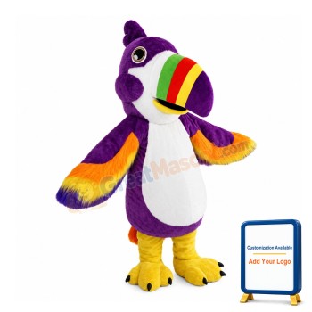 Purple Parrot With Multicolored Beak Mascot Costume
