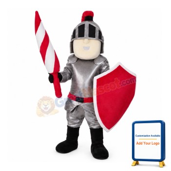 Iron Armor Soilder Holding Red Shield Mascot Costume