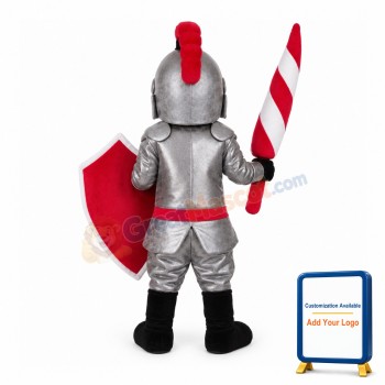 Iron Armor Soilder Holding Red Shield Mascot Costume