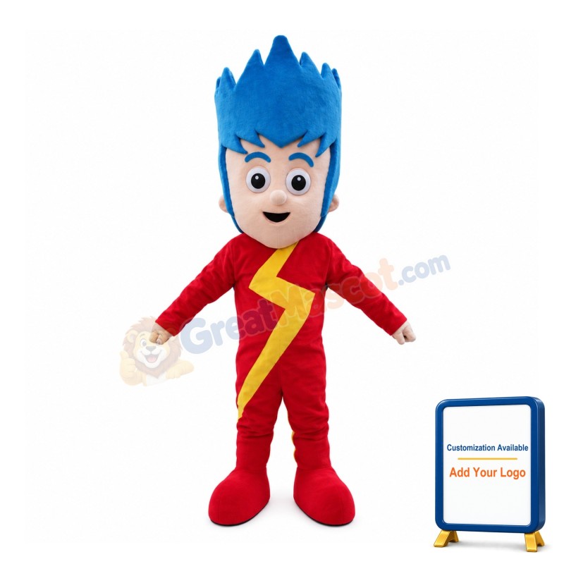 Blue Hair Boy With Lightning Shirt Mascot Costume