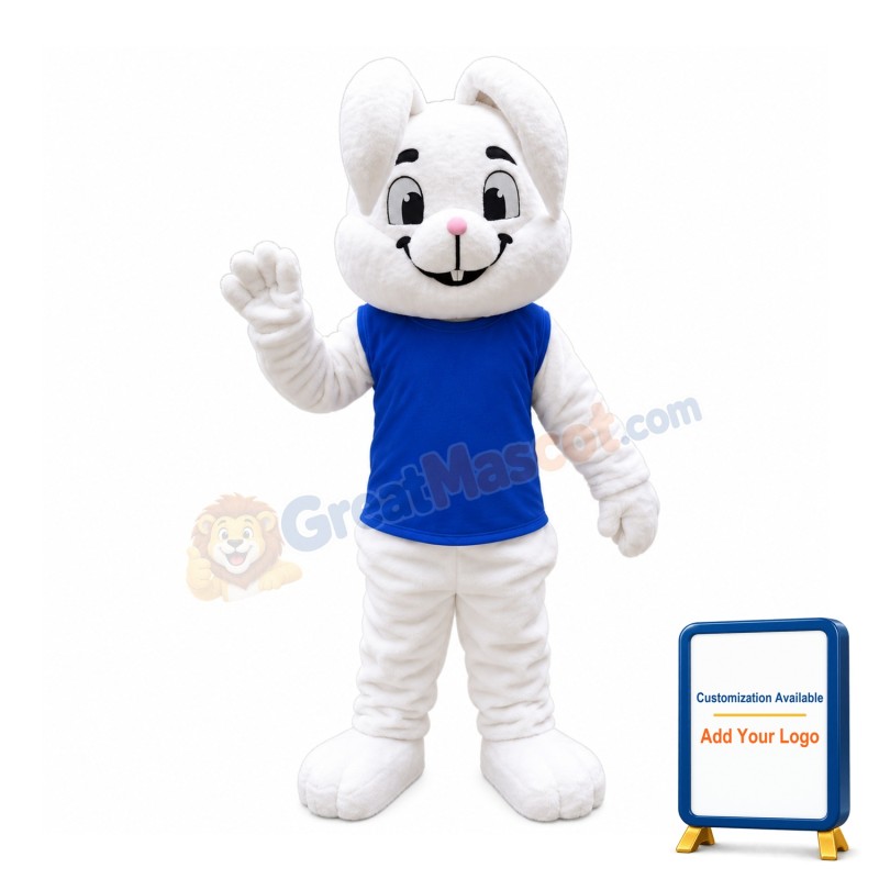 Smiling Lop-eared Rabbit With Blue Vest Mascot Costume