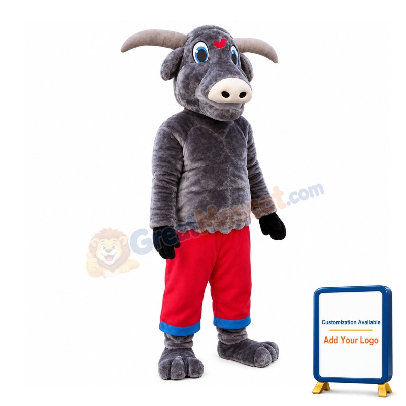 Grey Bull In Red Shorts Mascot Costume