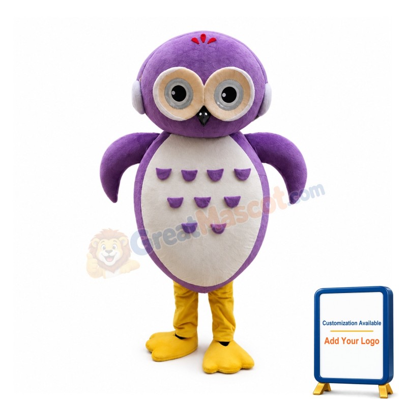Purple Owl Mascot Costume With Headphones
