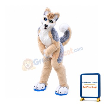 Friendly Brown & Gray Husky Dog Mascot Costume