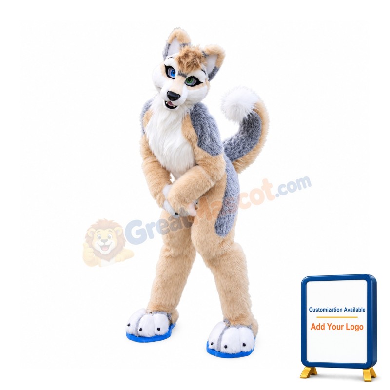 Friendly Brown & Gray Husky Dog Mascot Costume