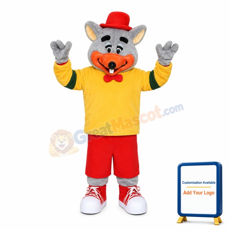 Gray Mouse In Yellow And Red Outfit Mascot Costume