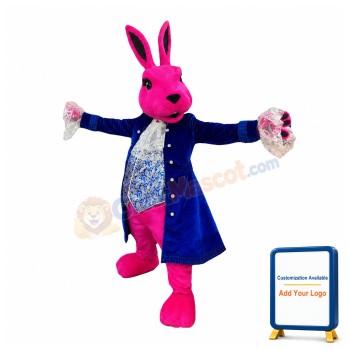 Pink Rabbit Mascot Costume With Blue Suit