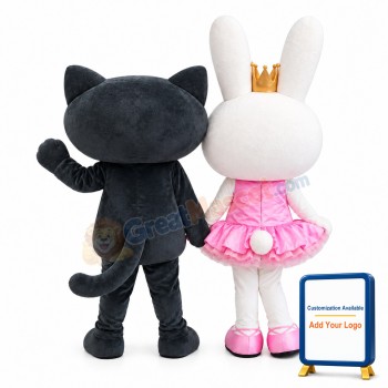 Cute Black Cat & White Pink Rabbit Mascot Costume