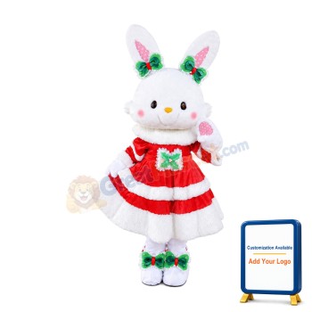 White & Pink Rabbit Bunny Mascot Costume With Red Dress