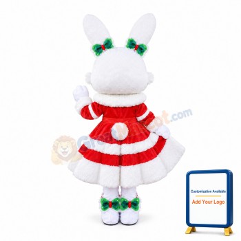 White & Pink Rabbit Bunny Mascot Costume With Red Dress