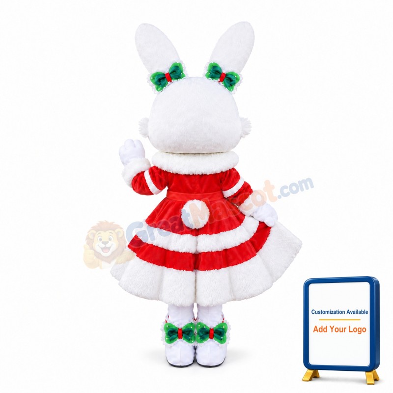 White & Pink Rabbit Bunny Mascot Costume With Red Dress