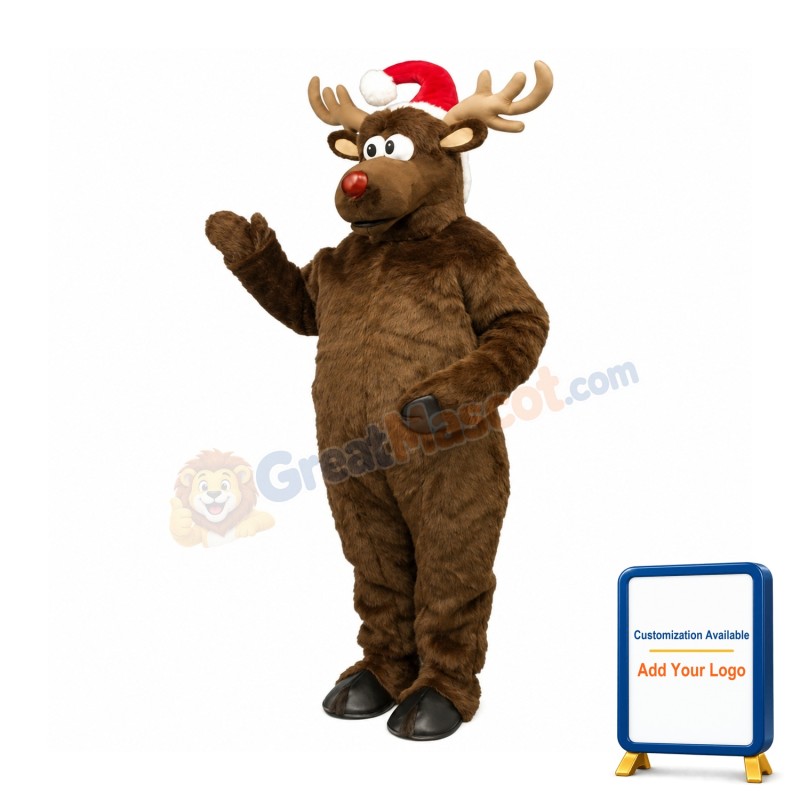 Cute Brown Mascot Costume Deer with Santa Hat