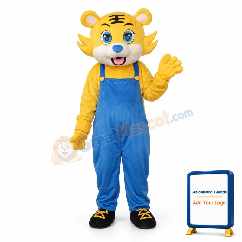 Yellow Tiger in Blue Overall Mascot Adult Costume Free Shipping