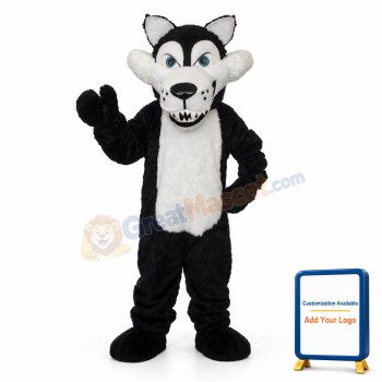 Long Wool Big Black Wolf with White Belly Mascot Adult Costume