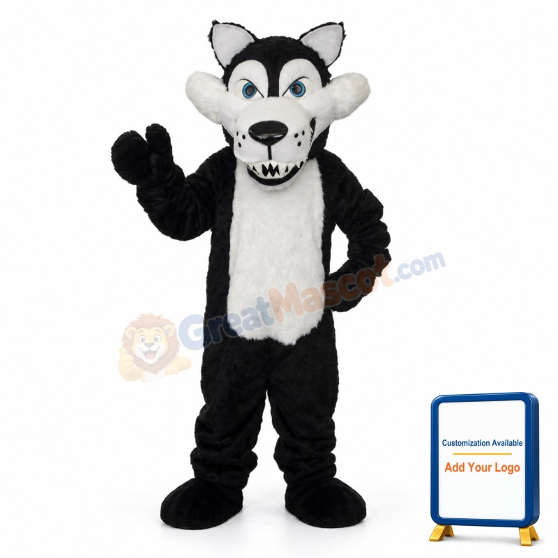 Long Wool Big Black Wolf with White Belly Mascot Adult Costume