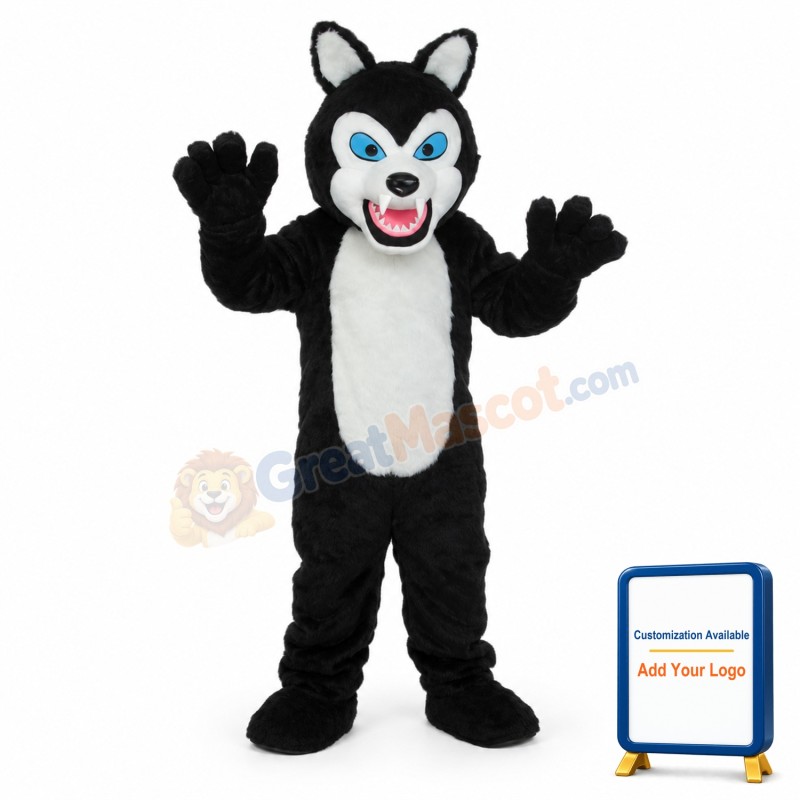 Long-haired Black White Wolf Mascot Adult Costume