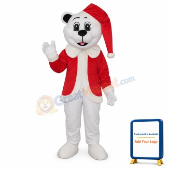White Bear with Santa Hat Adult Mascot Costume