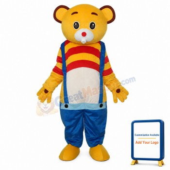 Yellow Bear Wear Blue overalls Mascot Adult Costume Free Shipping