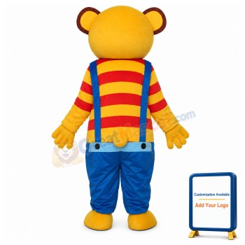 Yellow Bear Wear Blue overalls Mascot Adult Costume