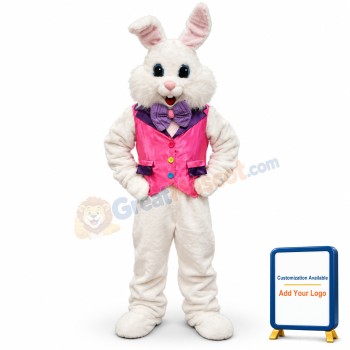 Happy White Pink Vest Rabbit Mascot Costume