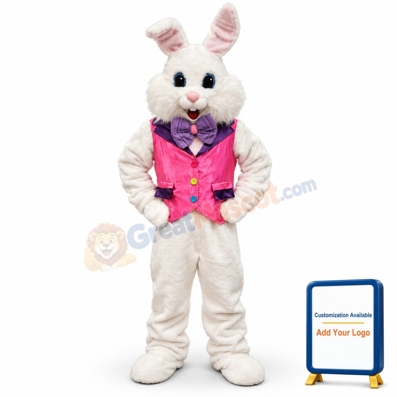 Happy White Pink Vest Rabbit Mascot Costume