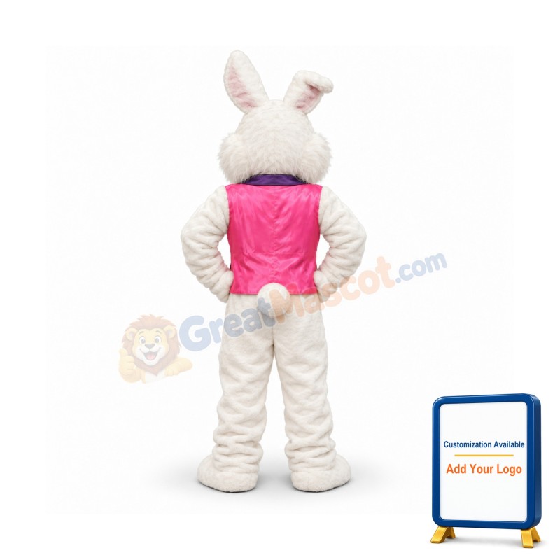 Happy White Pink Vest Rabbit Mascot Costume