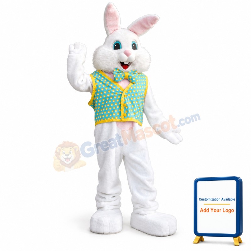 Happy White Cartton Vest Rabbit Mascot Costume