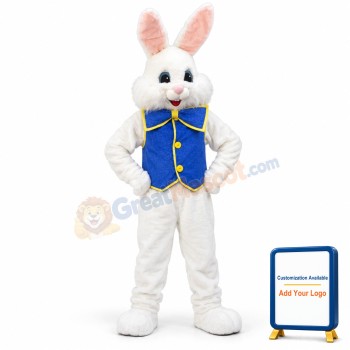 Happy White Blue Vest Rabbit Mascot Costume