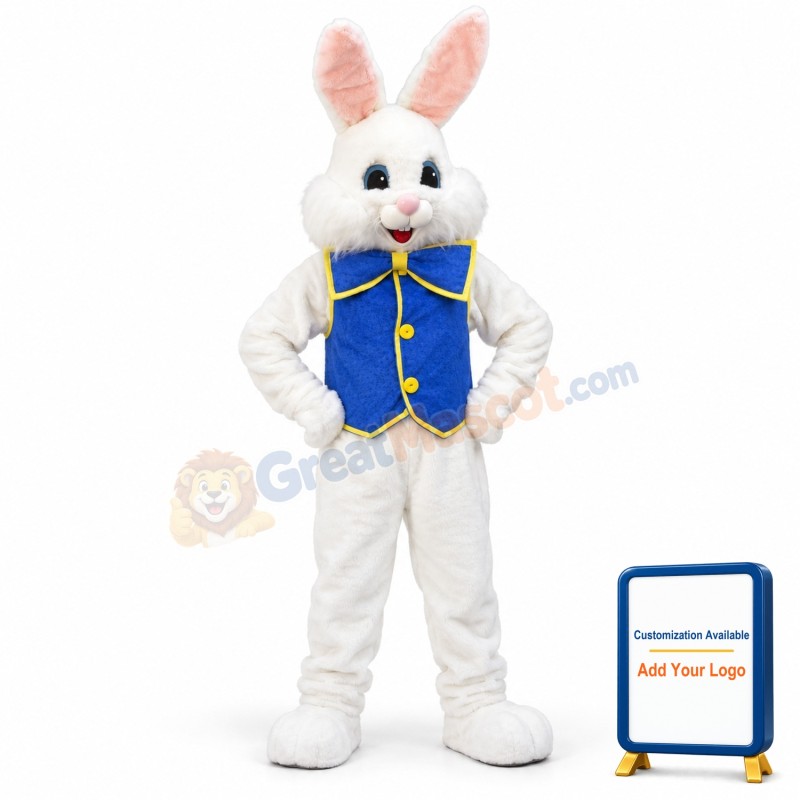 Happy White Blue Vest Rabbit Mascot Costume