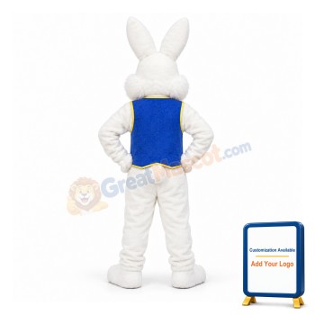 Happy White Blue Vest Rabbit Mascot Costume