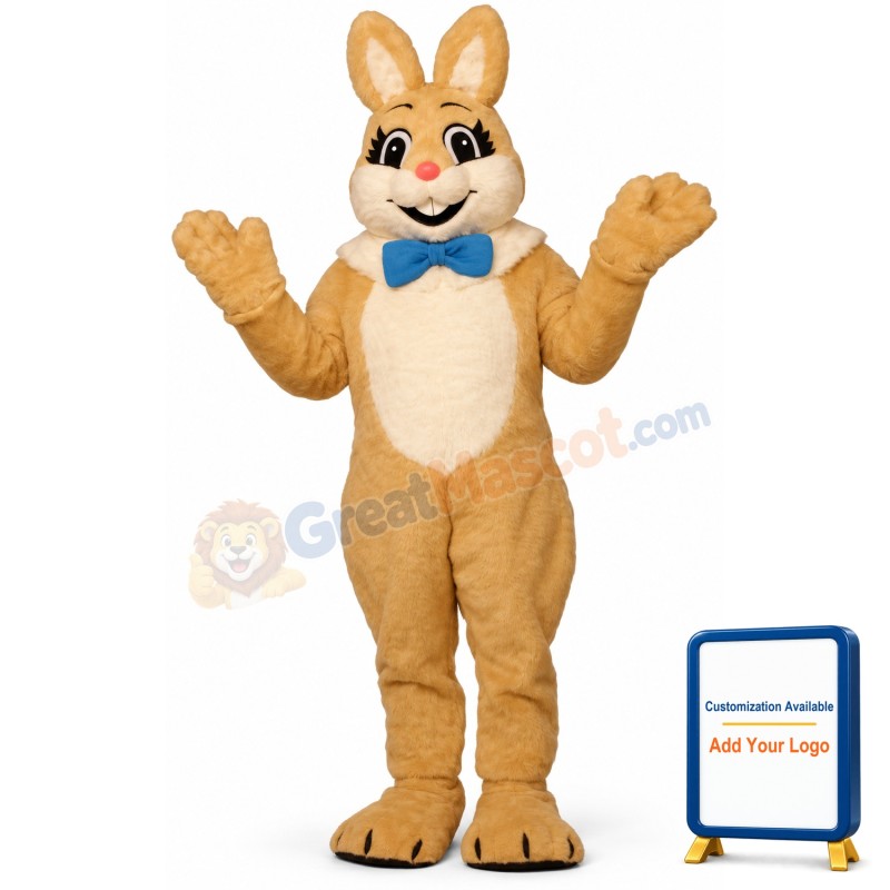 Tan Raleigh Rabbit w-Bow & Fur Colla Lightweight Mascot Costume