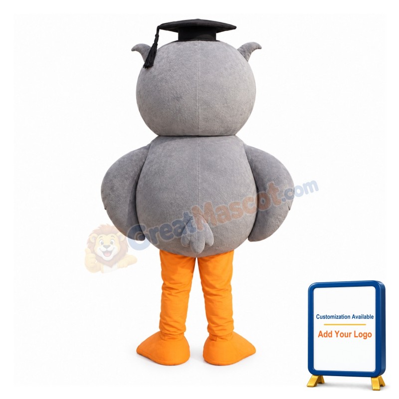 Grey Owl Mascot Costume with Doctorial Hat