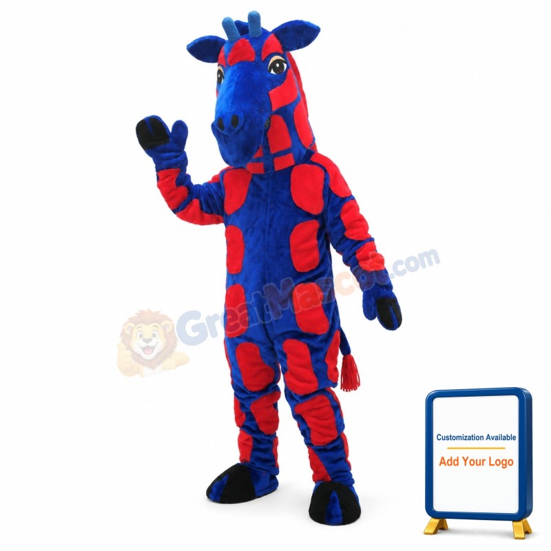 Blue & Red Realistic Giraffe Mascot Costume