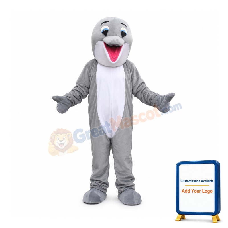 Gray Happy Dolphin Mascot Costume