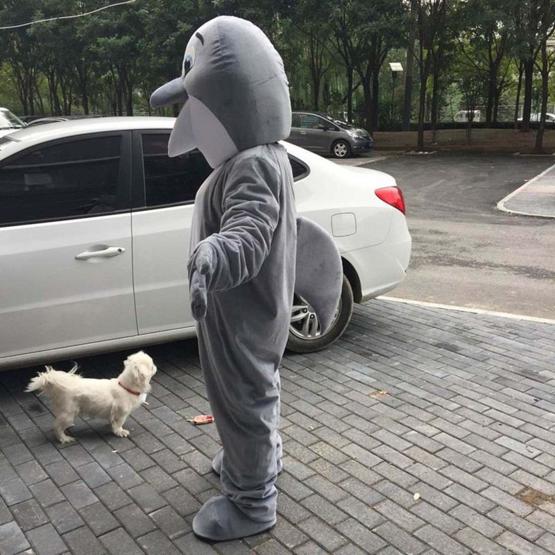 Gray Happy Dolphin Mascot Costume