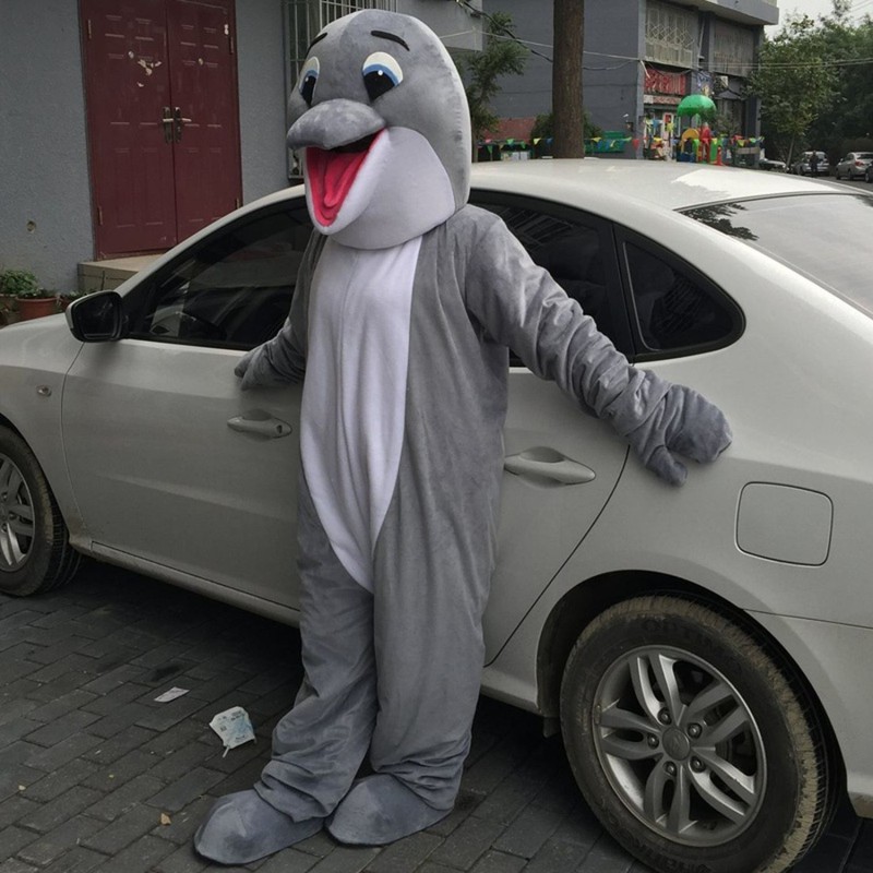 Gray Happy Dolphin Mascot Costume