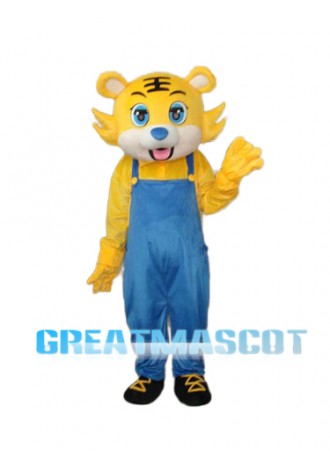 Yellow Tiger in Blue Overall Mascot Adult Costume Free Shipping