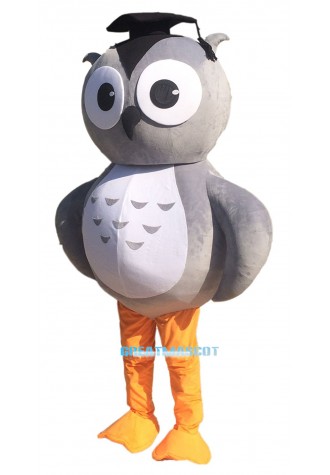 Grey Owl Mascot Costume with Doctorial Hat